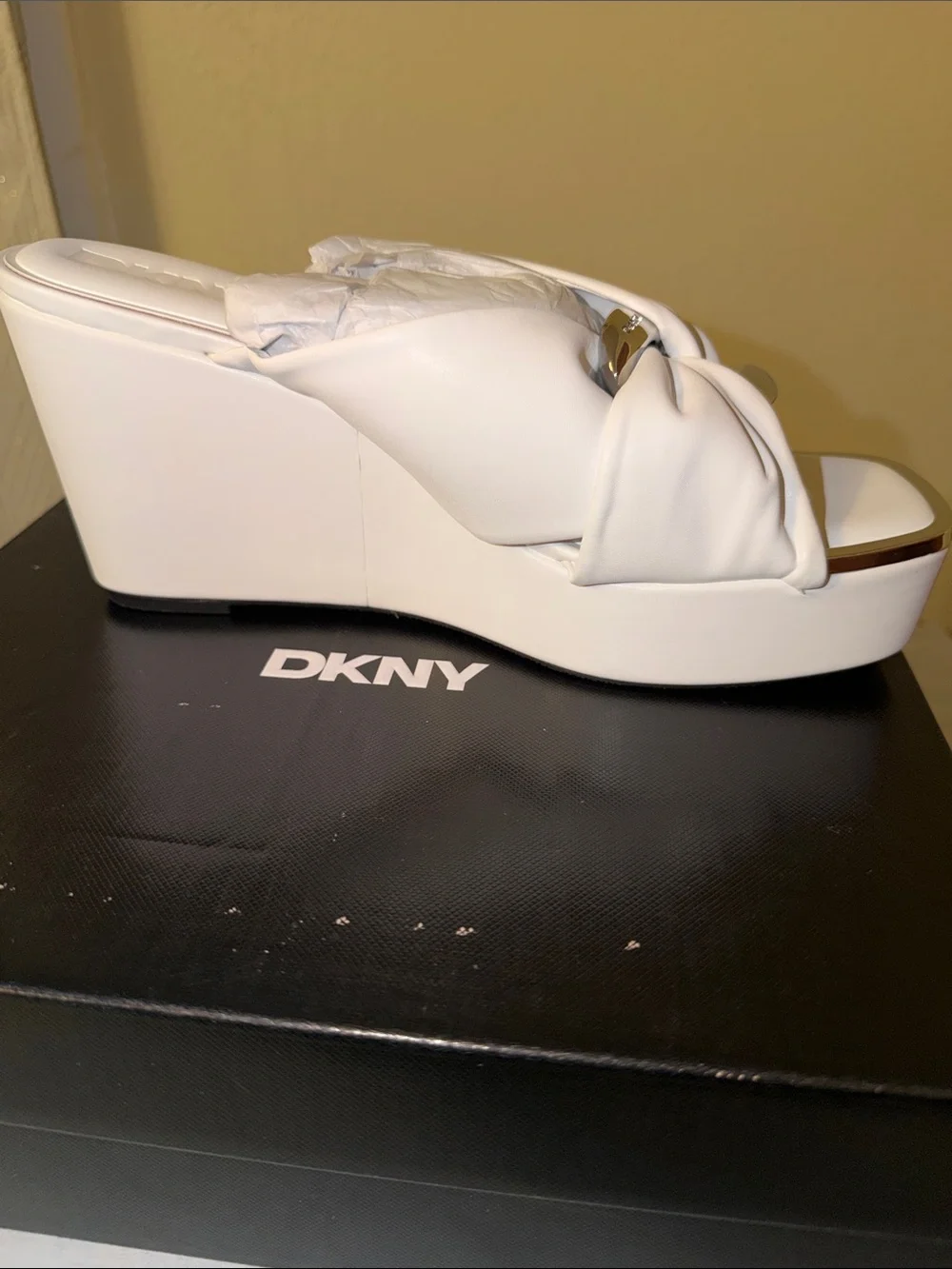 DKNY White Knotted Platform Wedge Sandal with Silver Accent